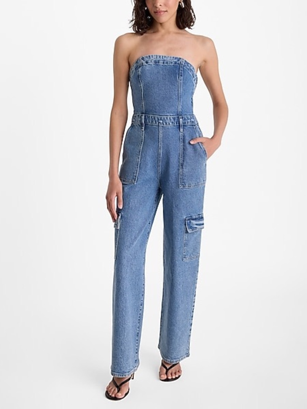 Express Strapless Blue Denim Cargo Jumpsuit.